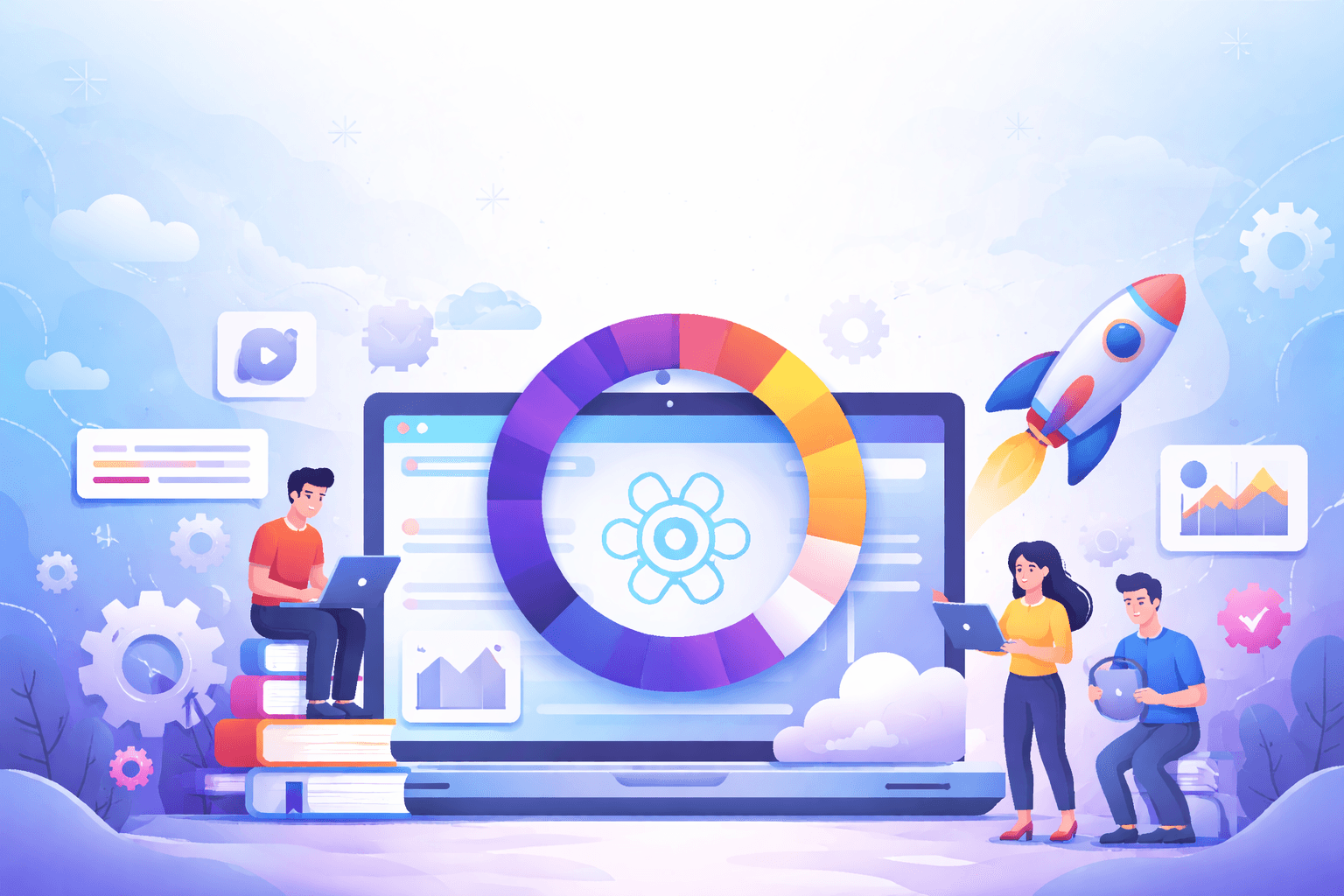 Illustrated workspace with laptop and analytics panels